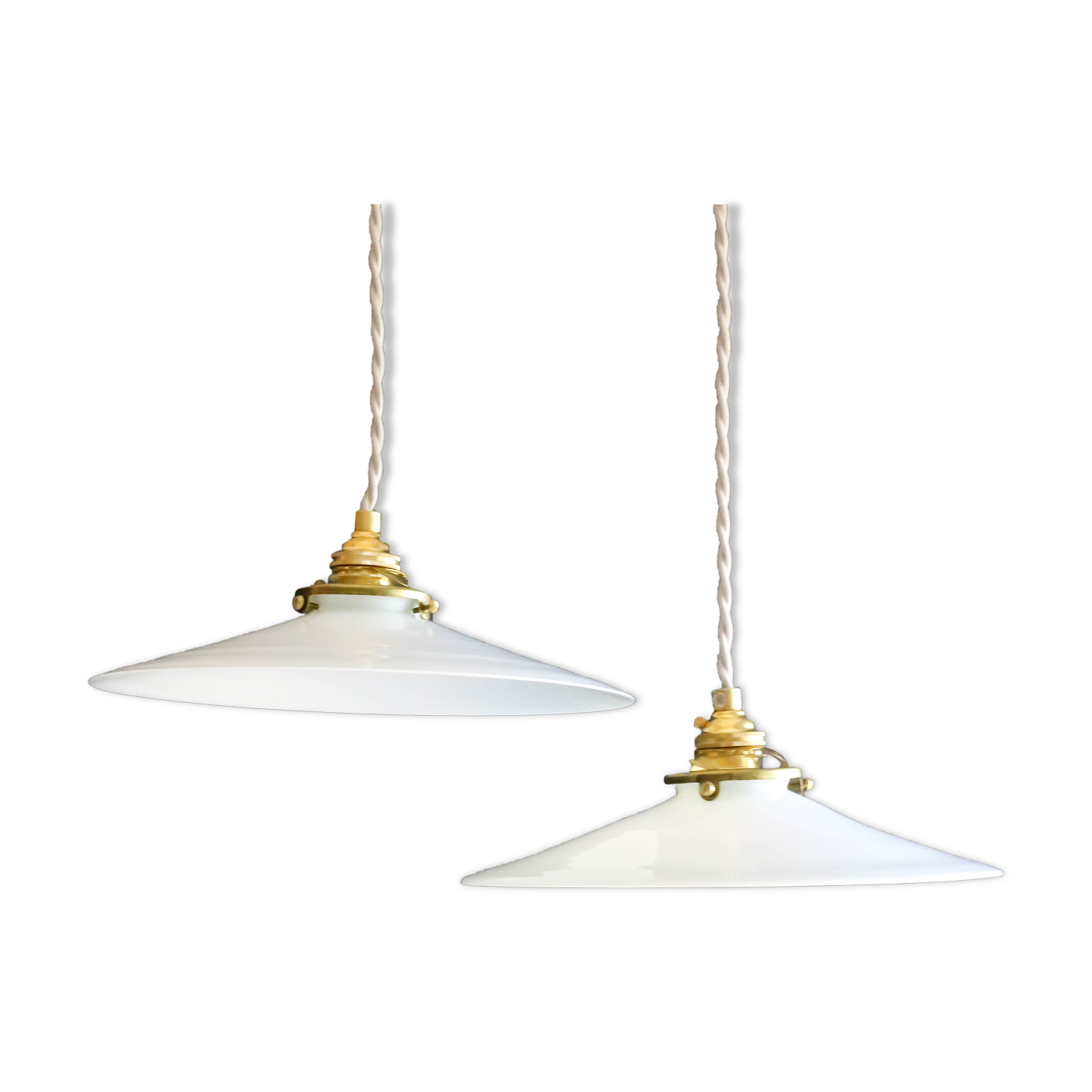 2 French suspensions in smooth white opalines with new cables and sockets