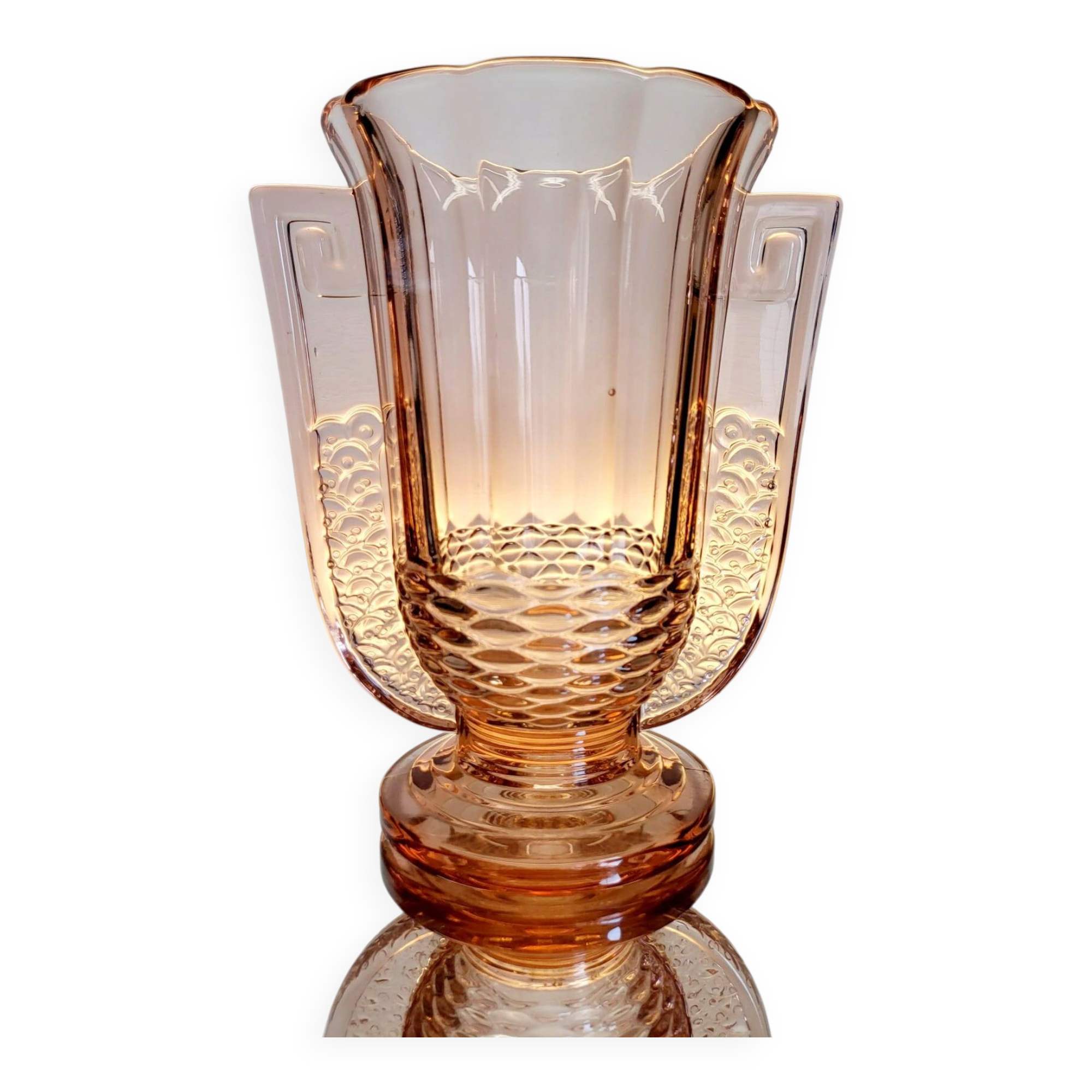 Vase Art déco en cristal Val Saint Lambert rose, série Luxval modèle Romeo, Belgique