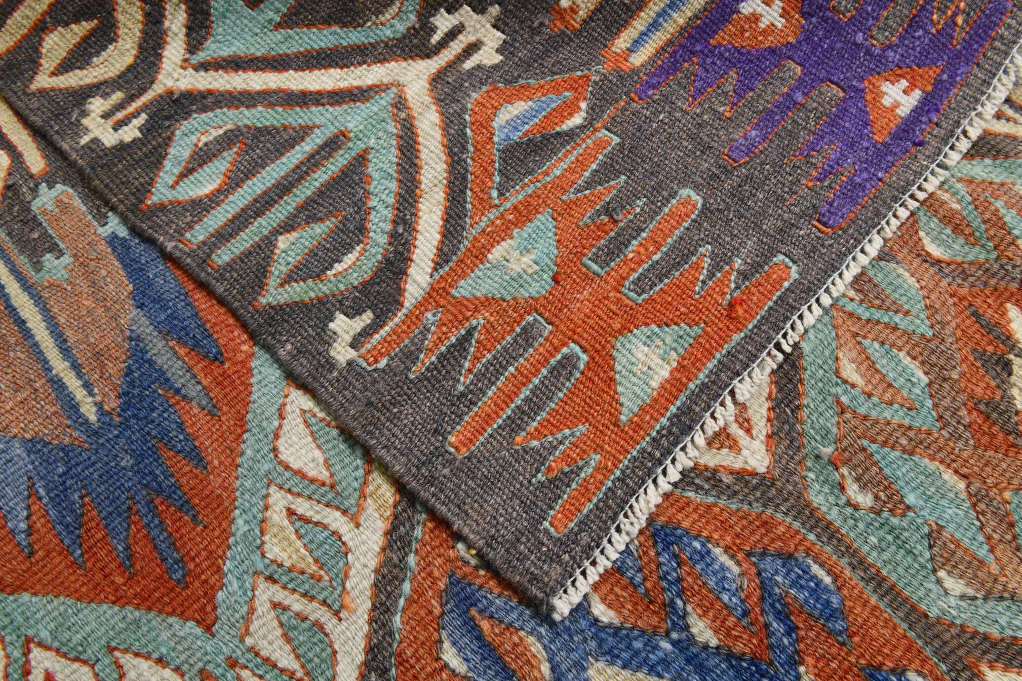 7x10 Green & Blue Geometric Pattern Kilim Rug, 222x303Cm