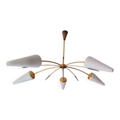 Ancien lustre 5-branches en laiton et verre blanc