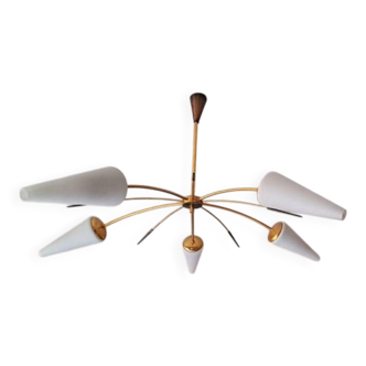 Ancien lustre 5-branches en laiton et verre blanc