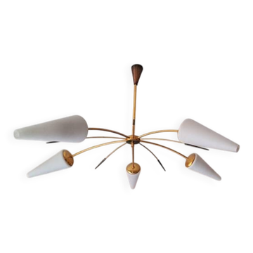 Antique 5-branch chandelier in brass and white glass