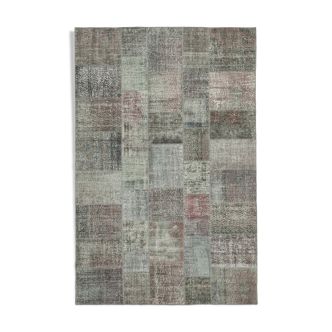 Hand-knotted oriental vintage 199 cm x 301 cm grey patchwork carpet