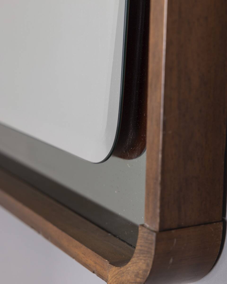 VINTAGE 1960S WALL MIRROR IN WOOD AND SMOKED GLASS, ITALIAN DESIGN