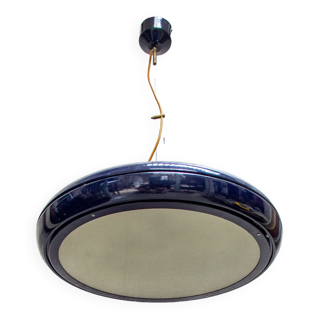Lustre en métal laqué bleu et verre Italie années 60 | Selency