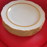 6 Limoges France dinner plates. White, matte gold edging. R; Leclair.