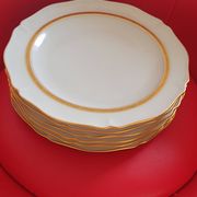 6 Limoges France dinner plates. White, matte gold edging. R; Leclair.