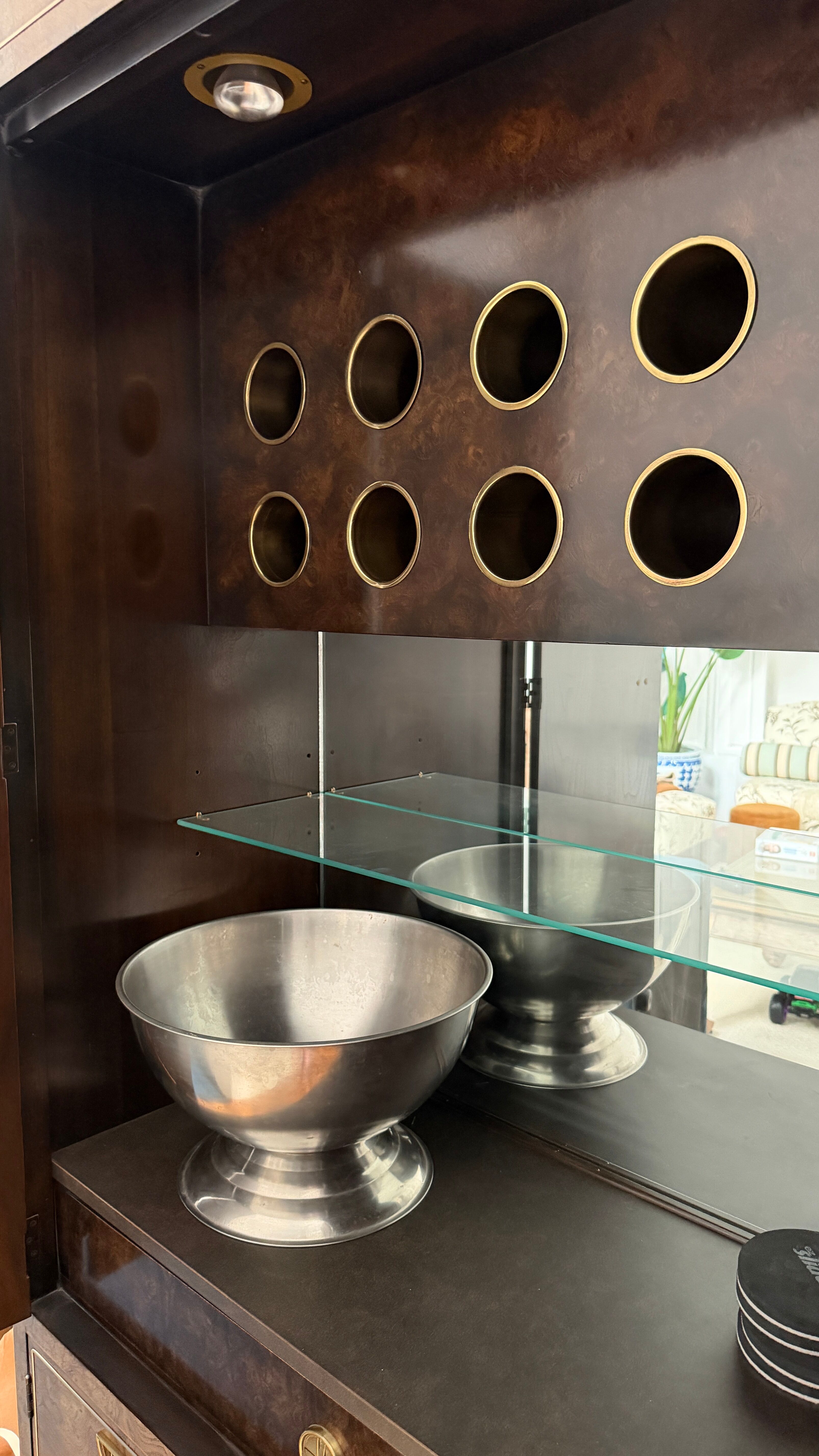 Hollywood Regency walnut burl bar cabinet — 1970s