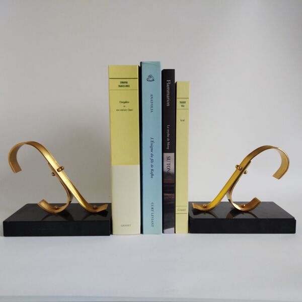 Paire de serre-livres vintage style Art Déco en marbre et métal plaqué or