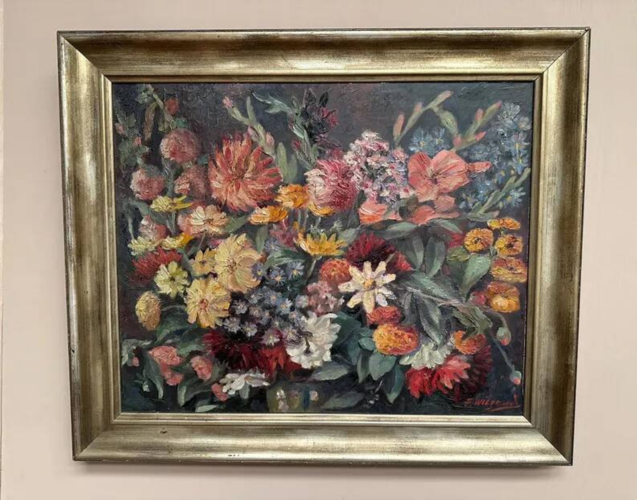 Original Still Life Oil on Canvas “Still Life with Flowers” by F. Wiegand