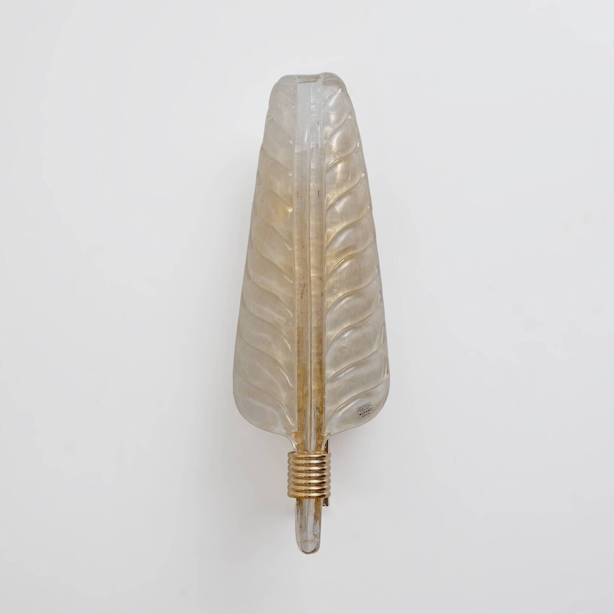 Pair of Murano Glass Leaf Wall Sconces with Gold Powder and Brass, Italy
