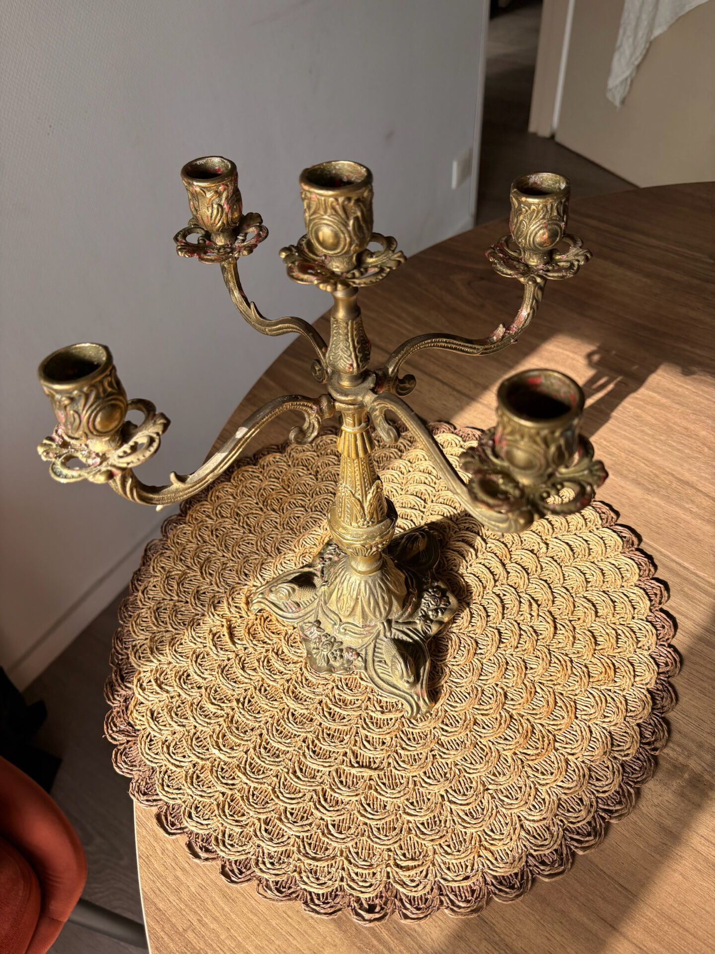 Antique bronze candelabrum with 5 arms - dolphin head feet
