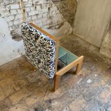 Ottoman vintage en bois et tissu jacquard, 1960/70