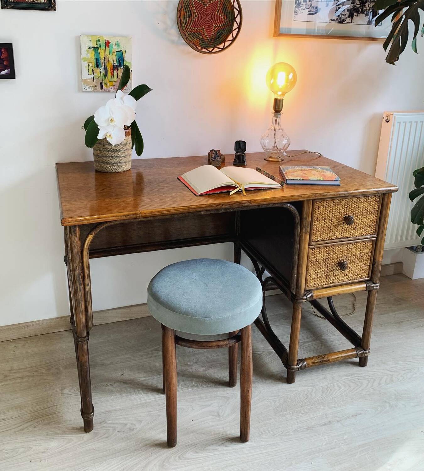 Vintage bamboo and wood rattan desk