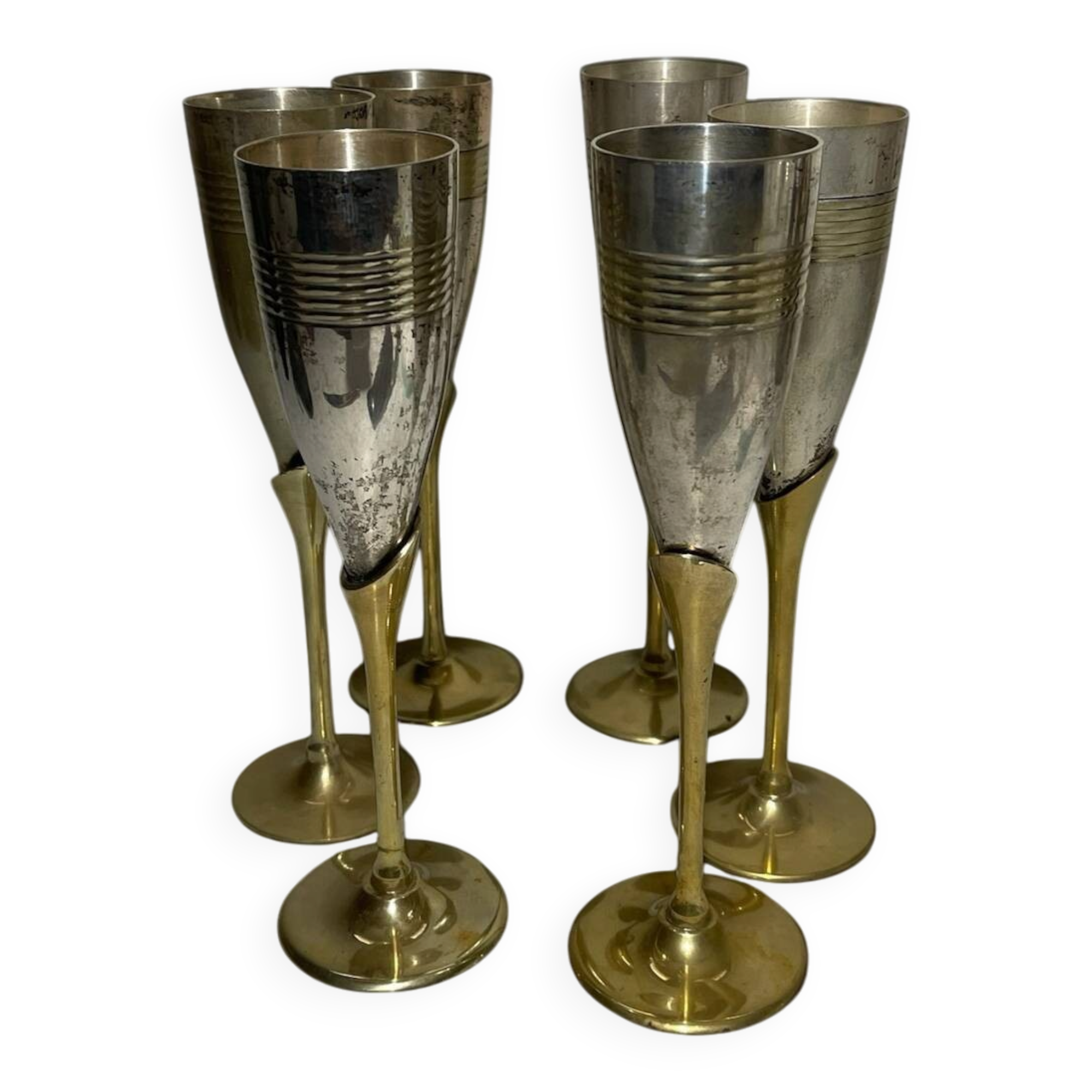 Set of 6 champagne flutes in brass and silver-plated metal – height 24 cm