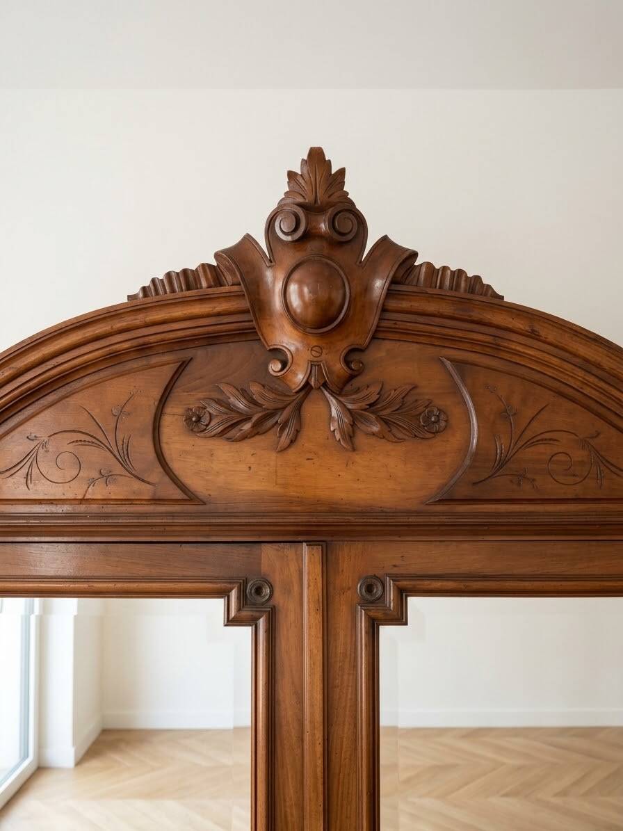 Antique walnut wardrobe with bevelled mirrors.