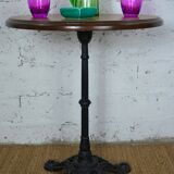 Vintage pedestal table or bistro table, oak top with a honey-colored finish