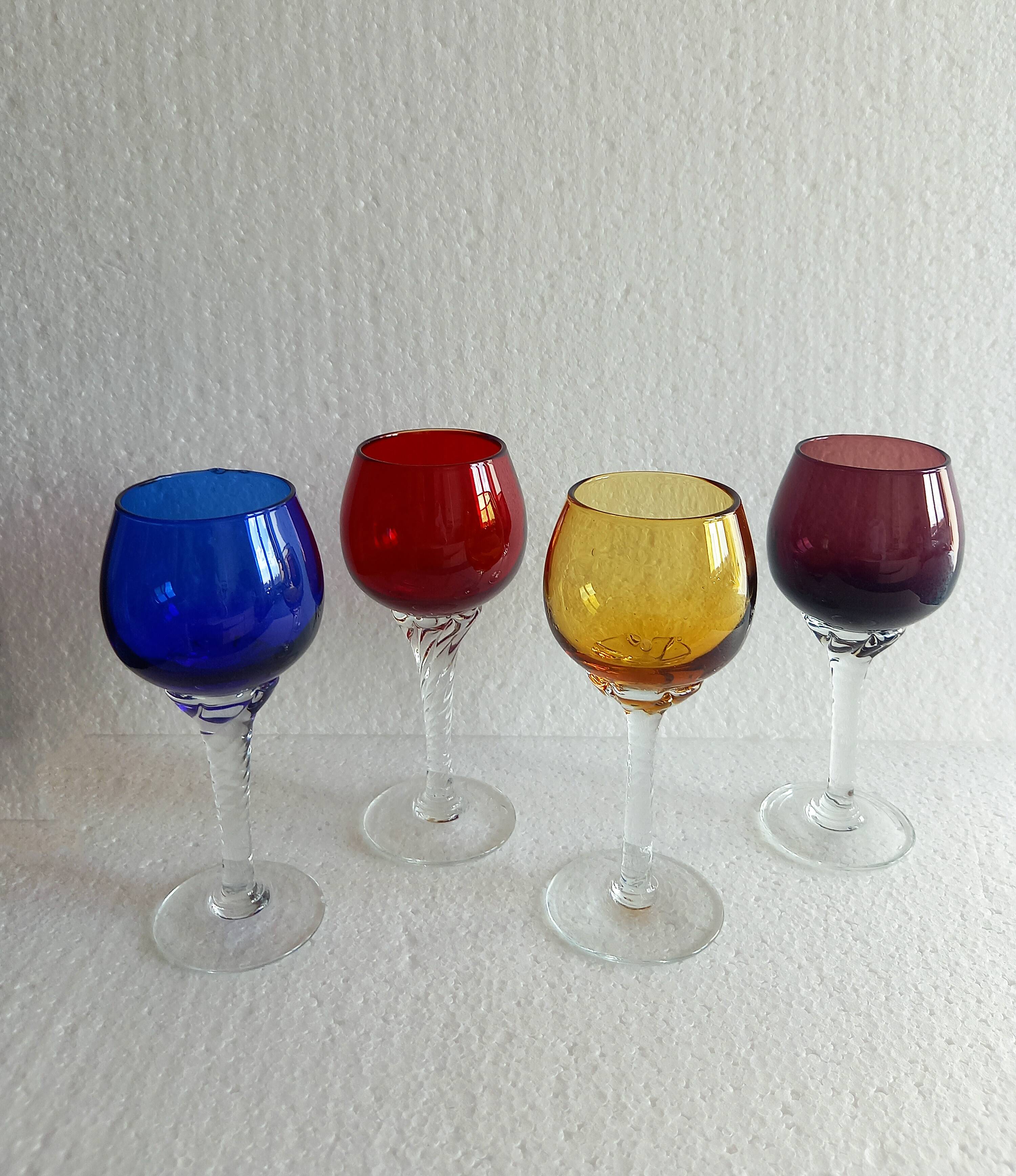 4 Antique Stemmed Liqueur Glasses in Colored Blown Glass