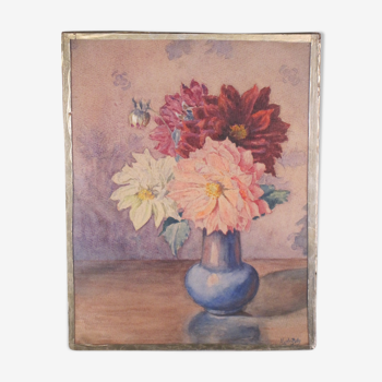 Aquarelle bouquet de fleurs dahlias signé Joseph Martin Duby