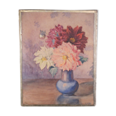 Aquarelle bouquet de fleurs dahlias signé Joseph Martin Duby