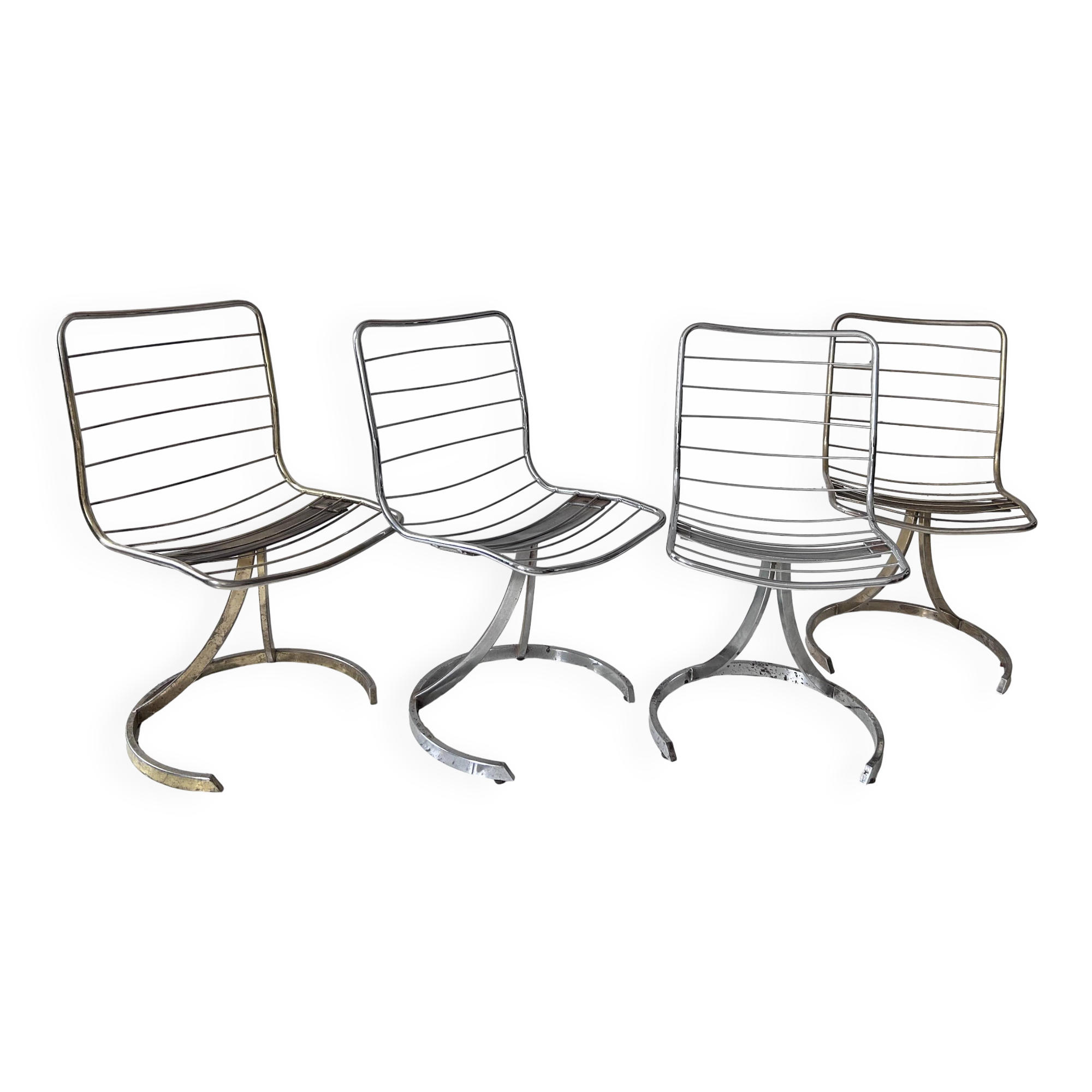 Set of 4 vintage chairs, chromed metal, France 1970