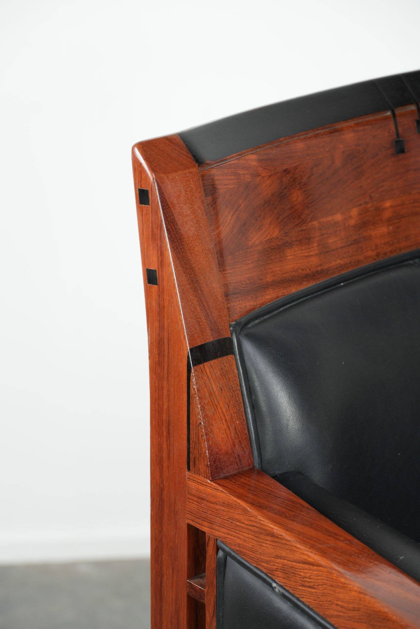 Black leather and wooden Art Deco design armchair