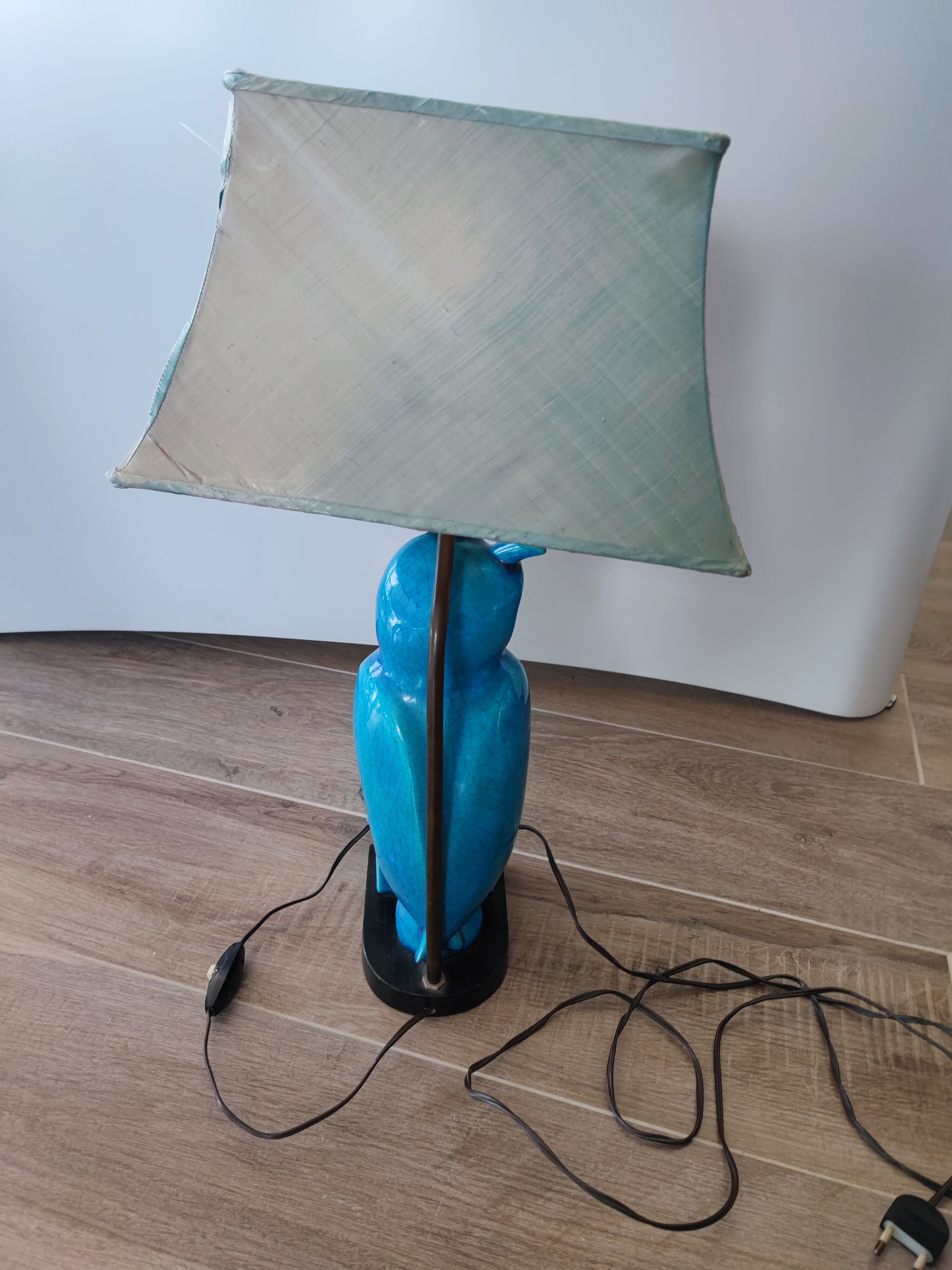 Turquoise cracked earthenware owl lamp