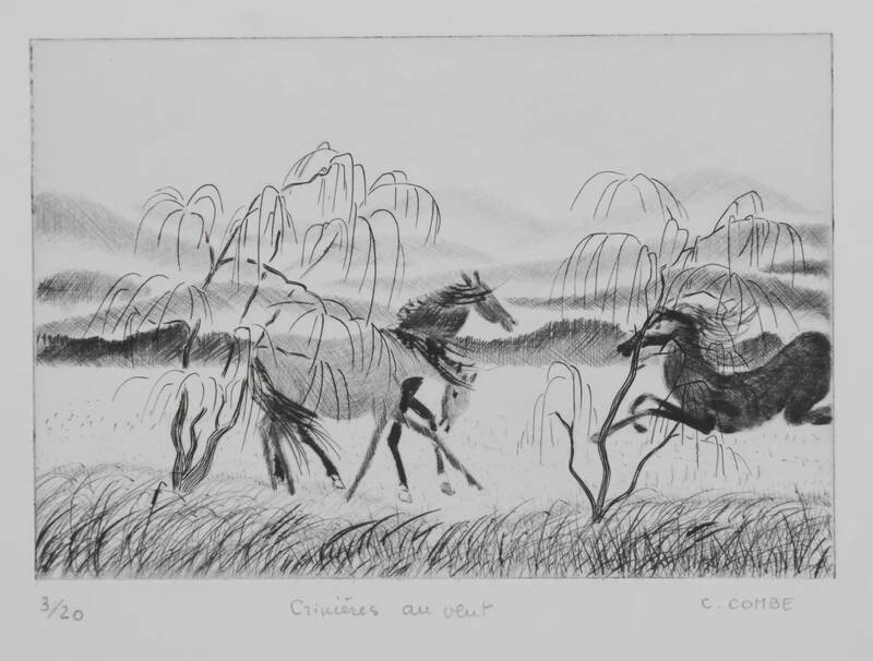 Camille combe: manes in the wind, original signed engraving