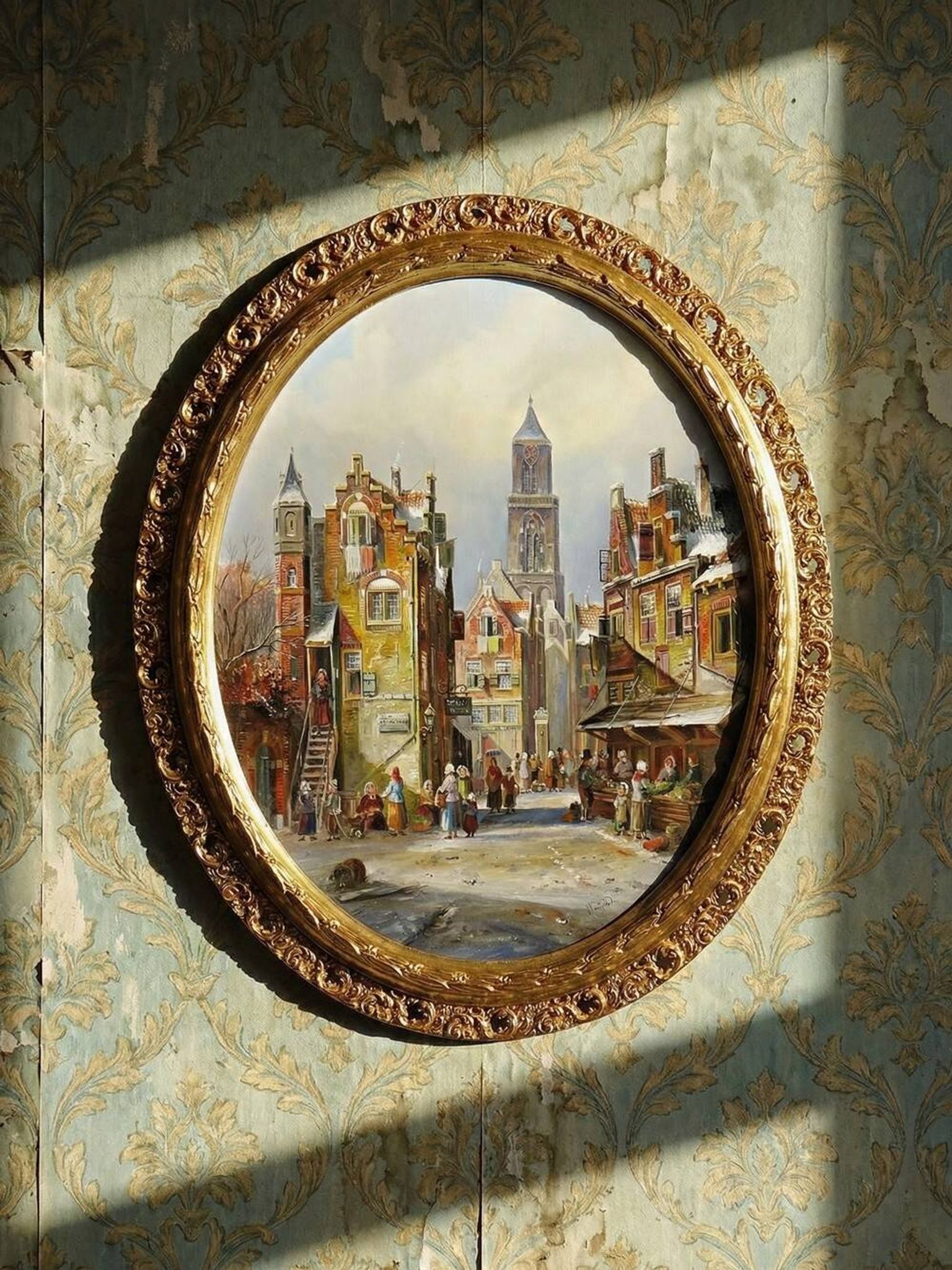 Large painting urban scene oil on wood framed John Haanstra vintage