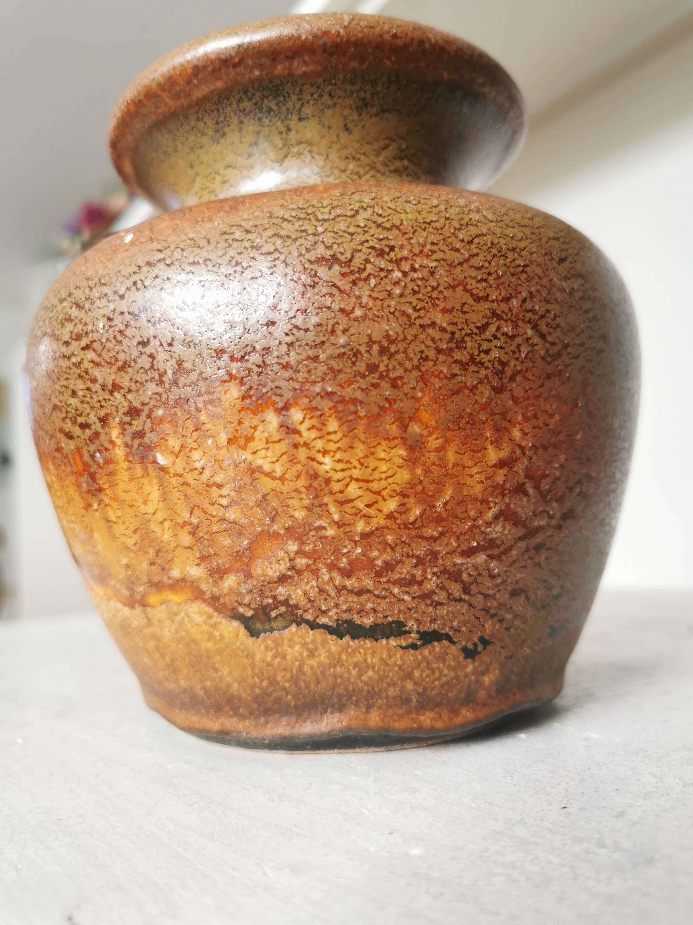 Fat Lava Pottery Vase: Vintage West Germany 202-13, Brown Drip Glaze