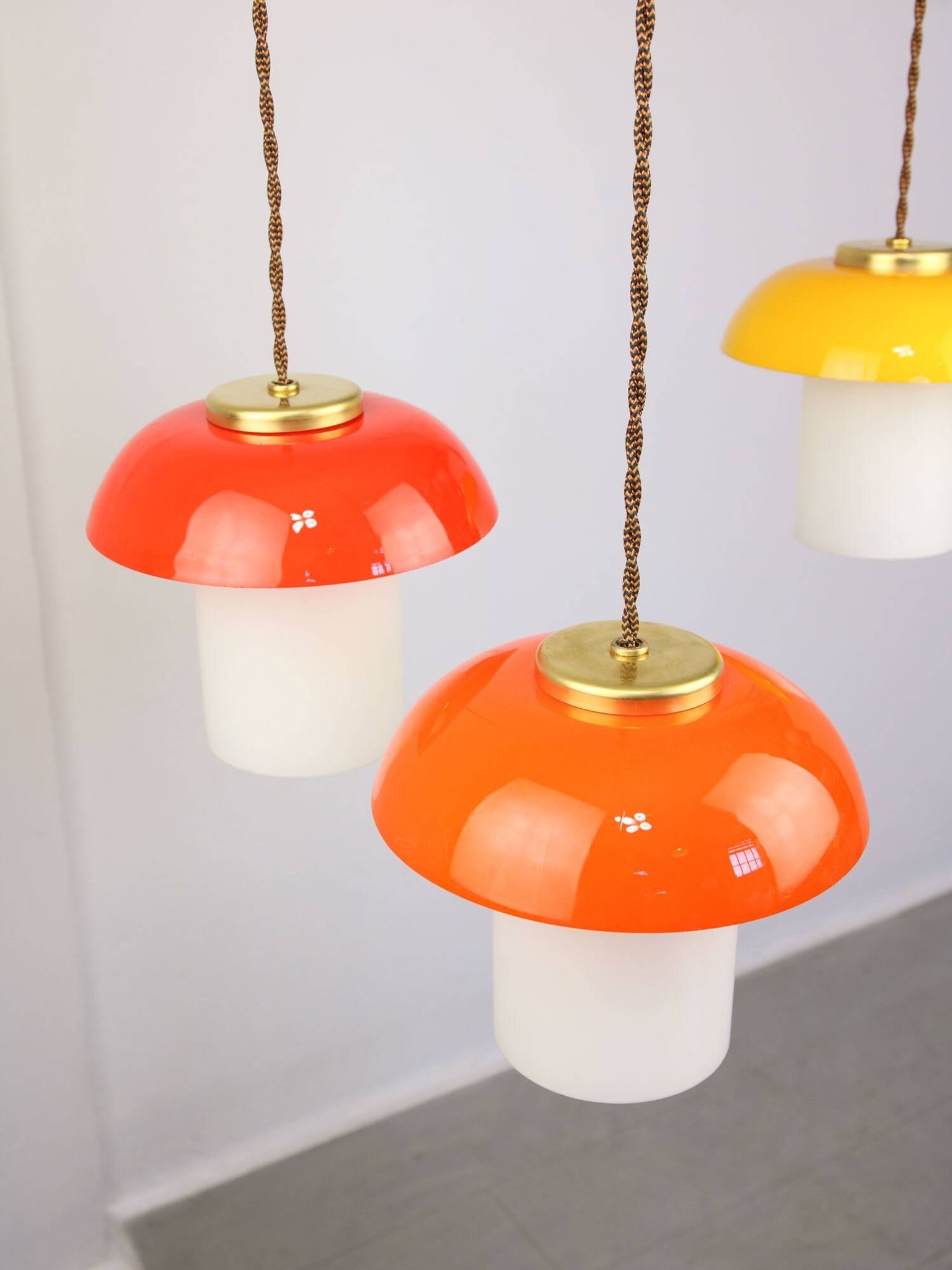 Mid-Century Glass and Brass Mushroom Pendant Lamps, Set of 3