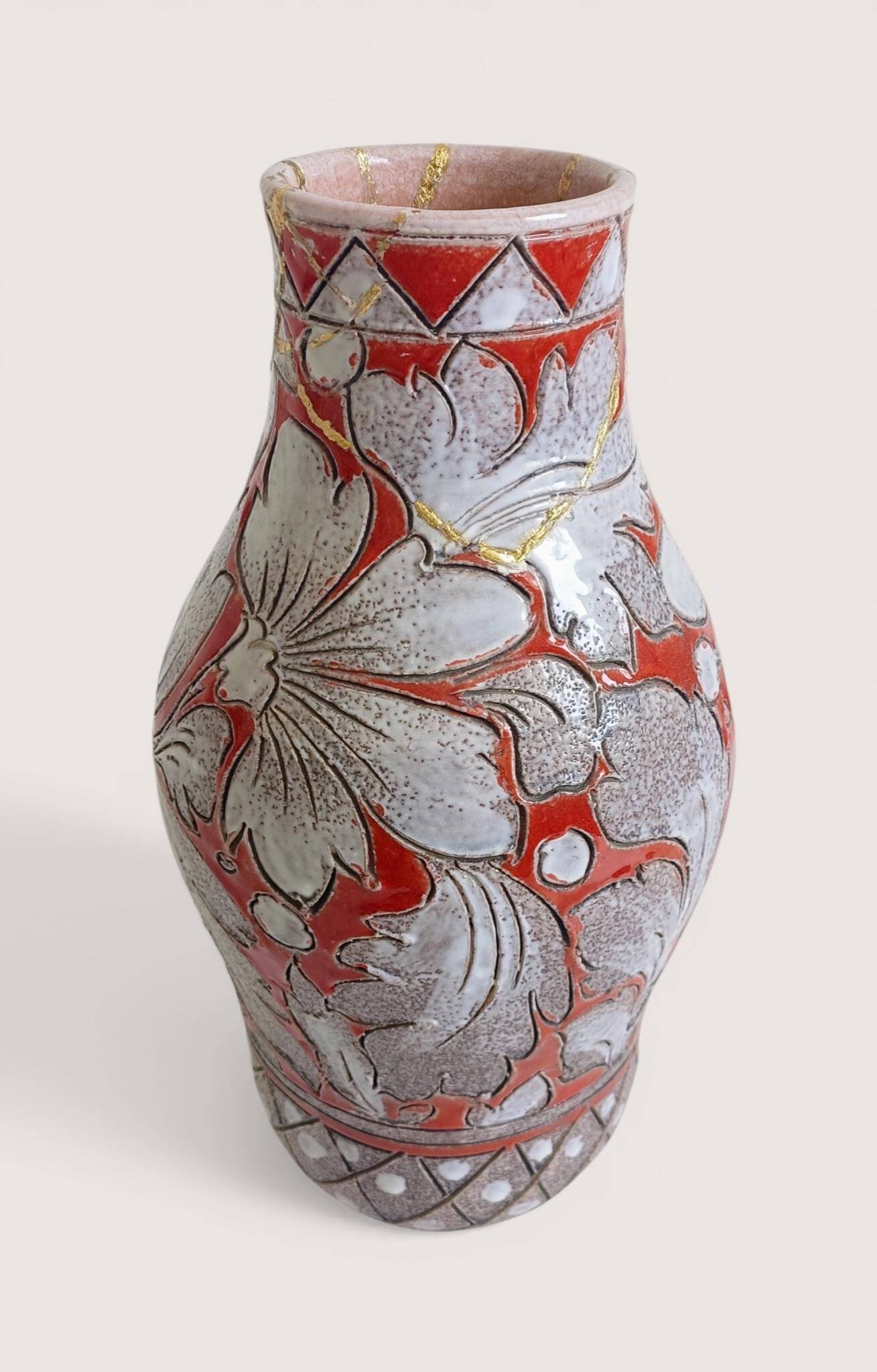 Large Fratelli Fanciullacci Sgraffito Ceramic Vase, Restored Kintsugi-Style
