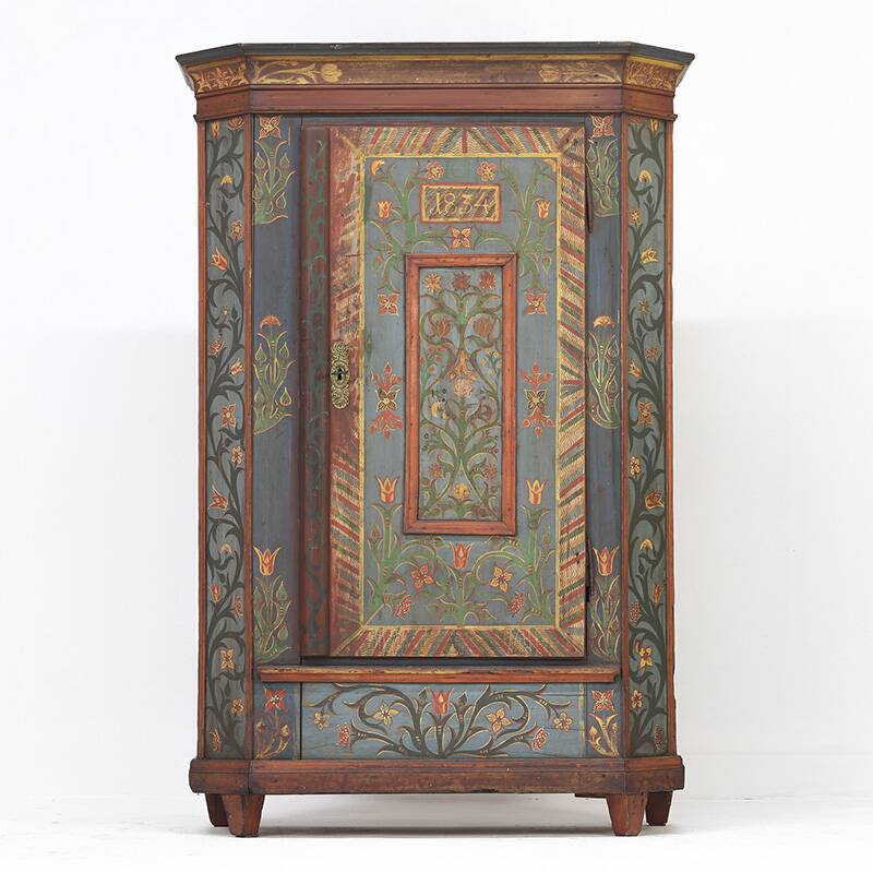 Rustic Farmhouse Folk Art Painted Bridal Cabinet 1834