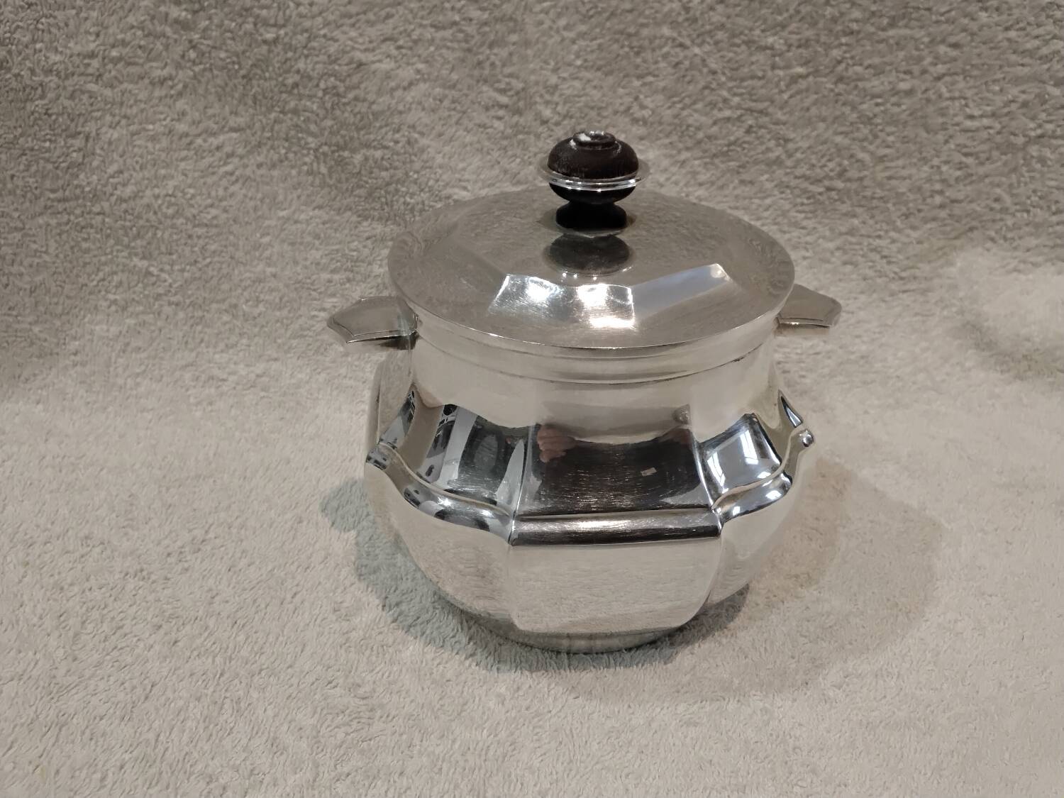 Silver metal sugar bowl in the 18th-century style by silversmith Christofle.