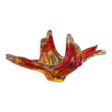 Bol/plat vintage en verre de Murano orange-rouge à motifs tourbillonnants