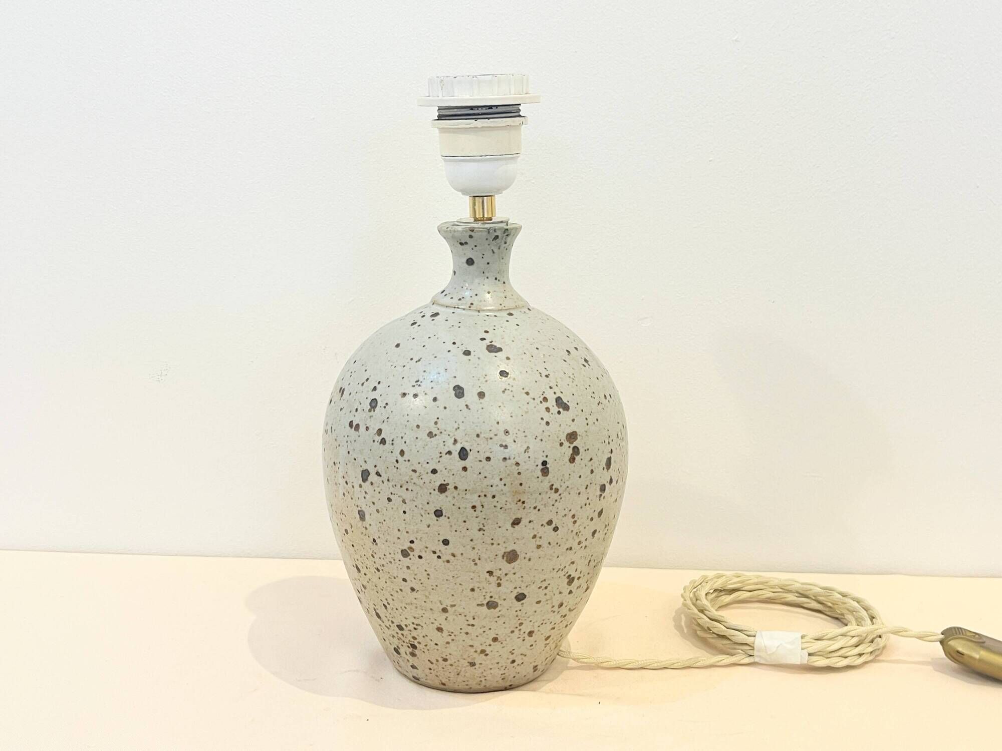 XXL Vintage Lamp Base in Beige Grey Stoneware with Raffia Lampshade 1970