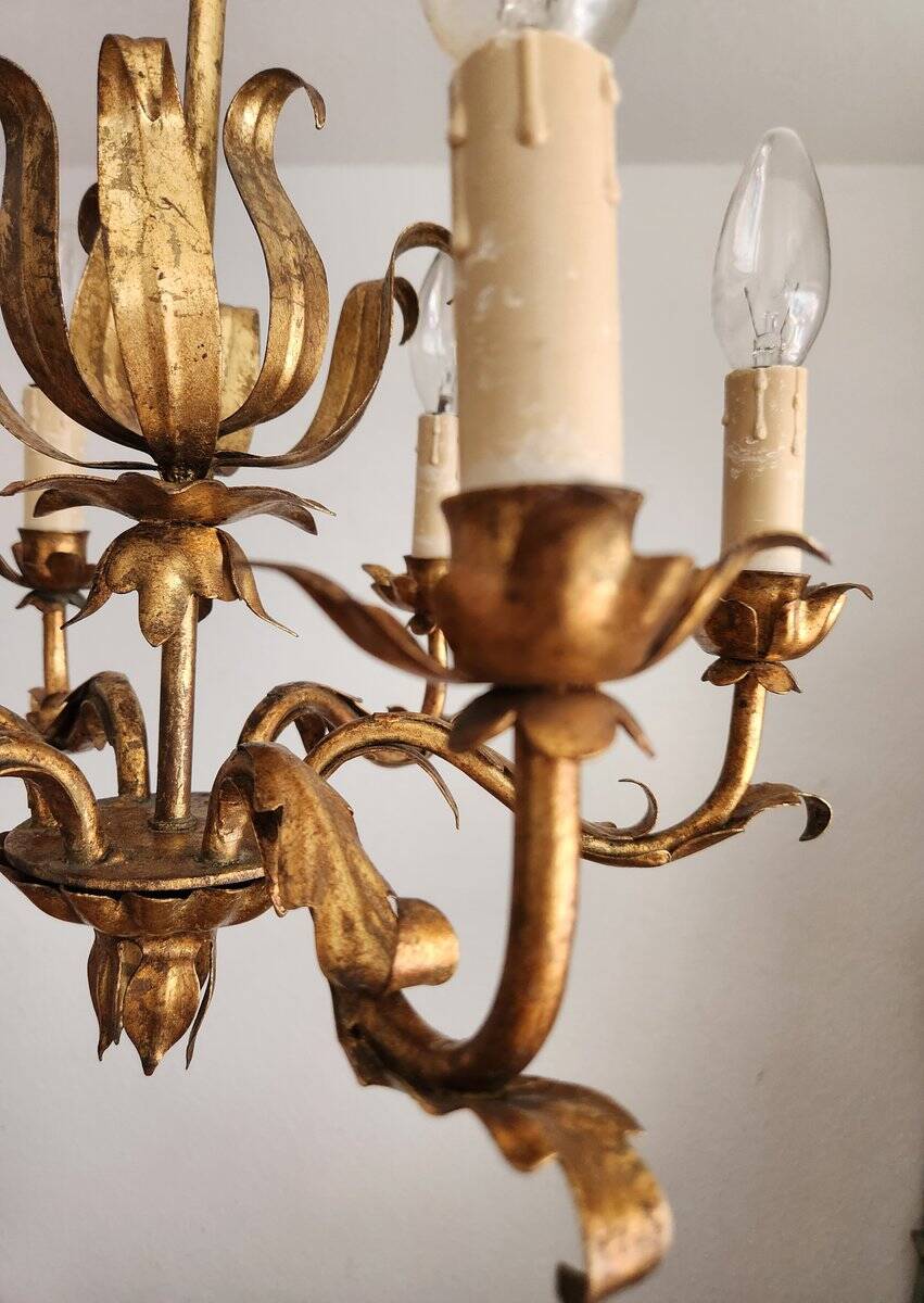 Vintage Hollywood Regency 6 light Chandelier gilded Italy Florence 1950-60