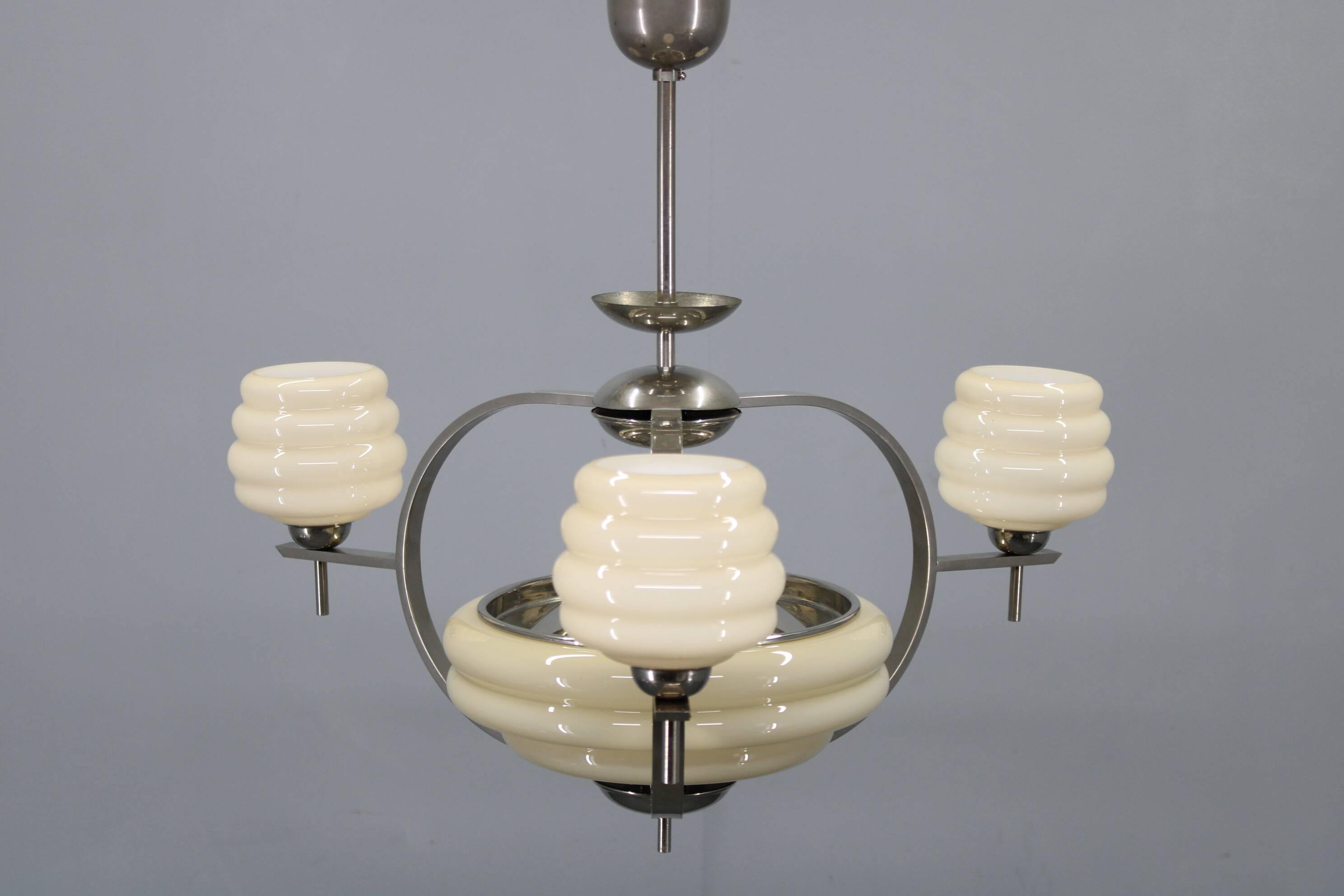 1930s Art Deco nickel and cream glass chandelier