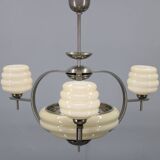1930s Art Deco nickel and cream glass chandelier