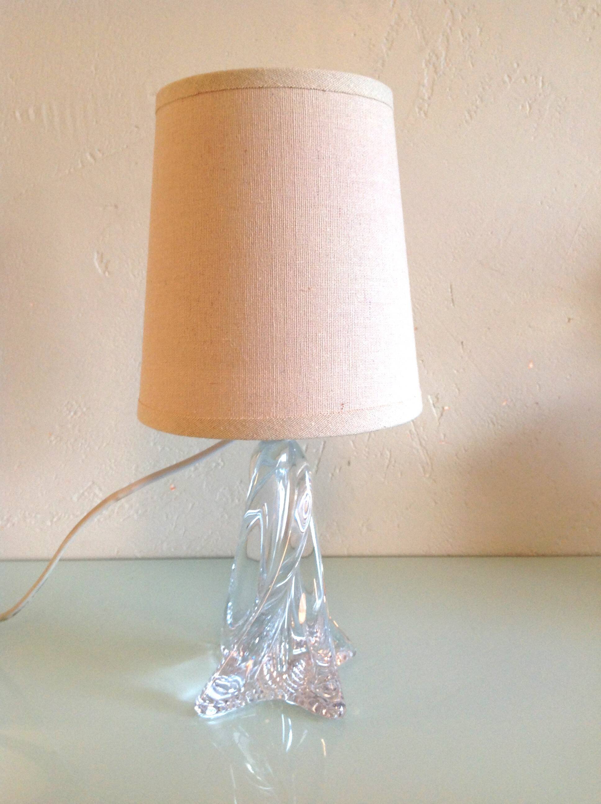 Bedside lamp with glass base and beige fabric lampshade / vintage 60s-70s