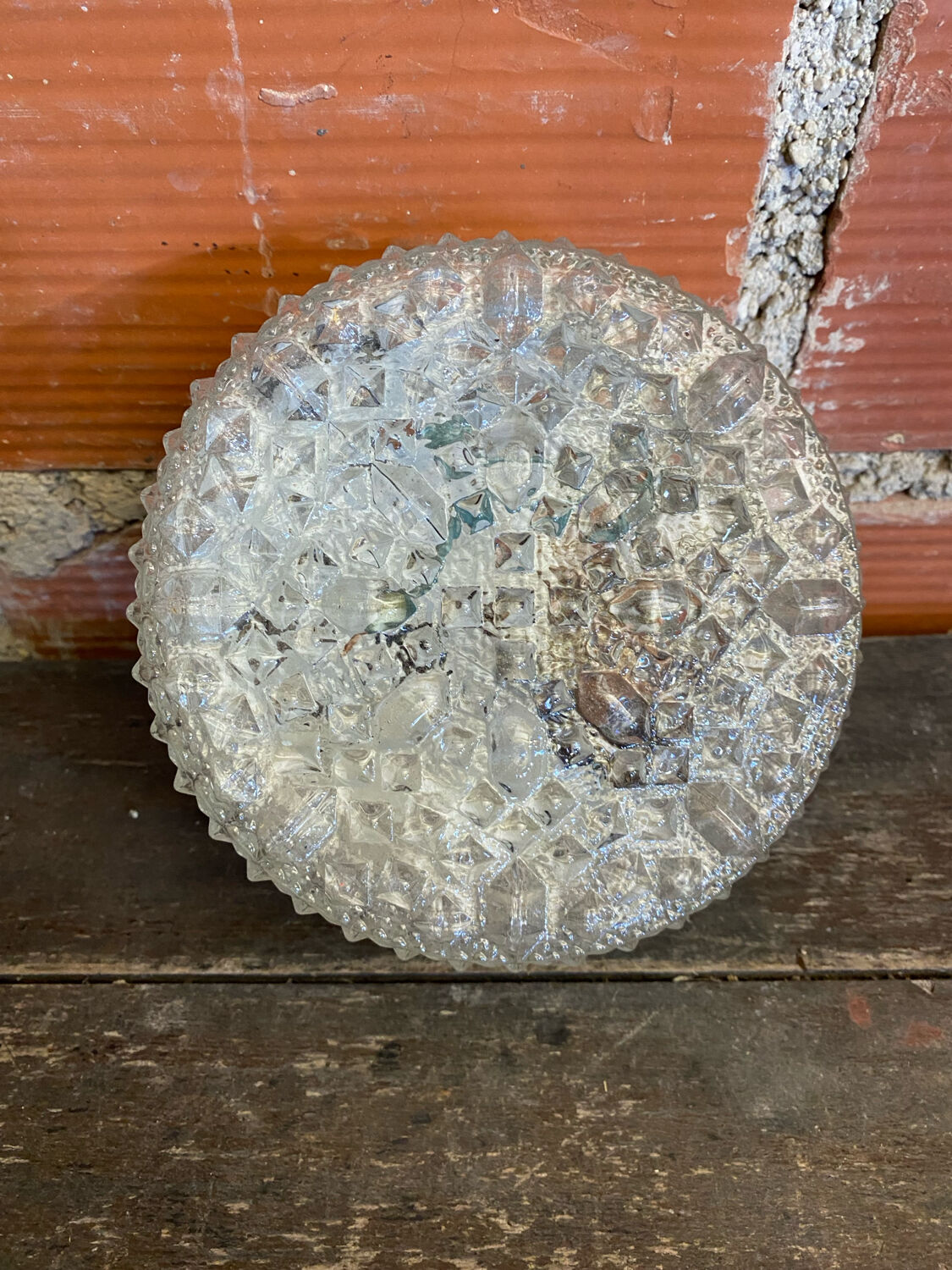 Old Ceiling Light Wall Fixture Moulded Glass + White Metal Support Years