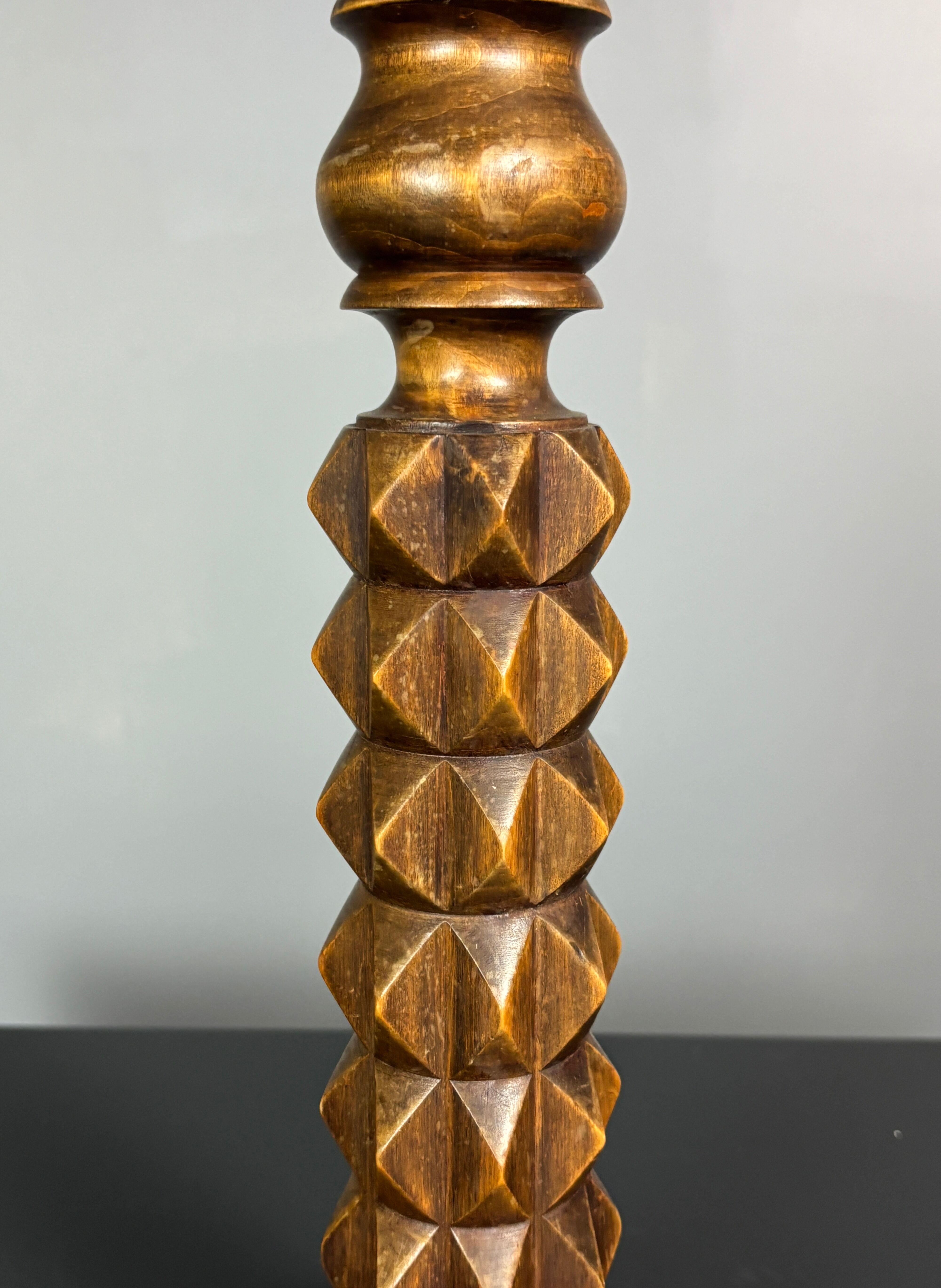 Brutalist Wood Turned Table Lamp in the style of Charles Dudouyt, 1950s
