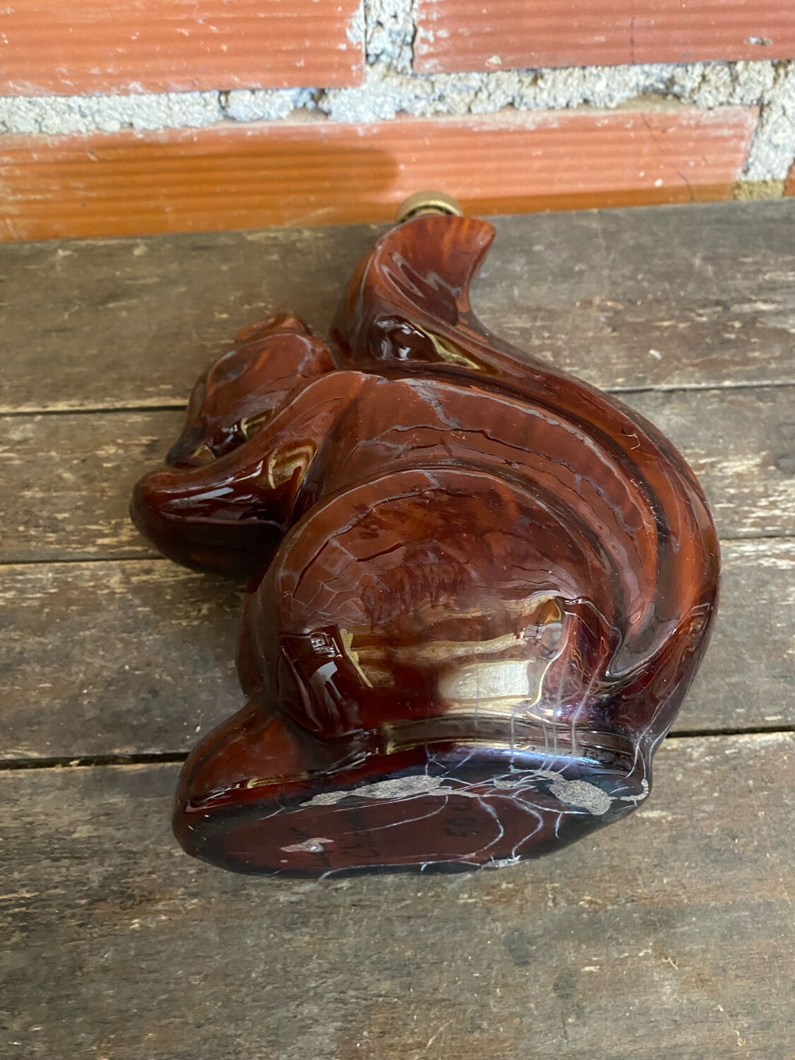 Vintage Brown Glazed Stoneware Squirrel-Shaped Bottle + Cork