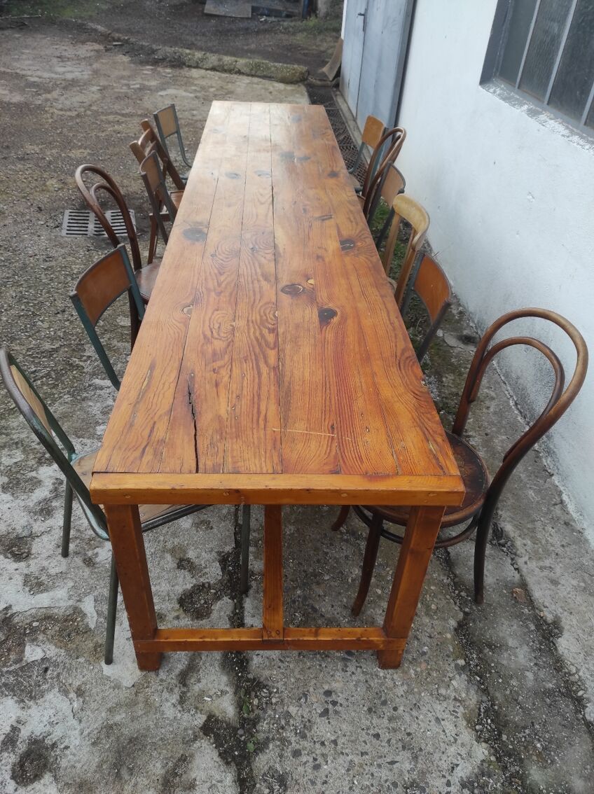 Ancienne table de ferme campagnarde de 3m50 pour 12 personnes à entretoises  en sapin rustique | Selency