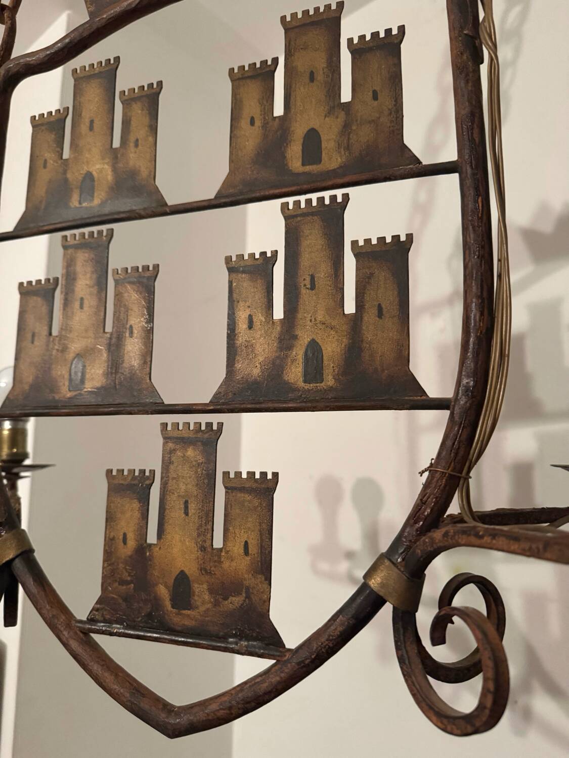Medieval style heraldic wrought iron chandelier