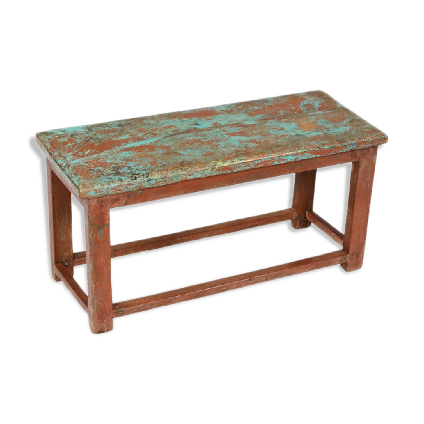 Small bench tabouret patine blue brown origin old teck india 77x32x40cm