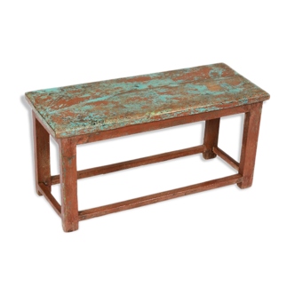 Banc tabouret patine marron bleu d'origine vieux teck inde 77x32x40cm