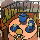 Oil painting on canvas "Breakfast on the Terrace" by Franco Prayer (1924) 58 x 48 cm