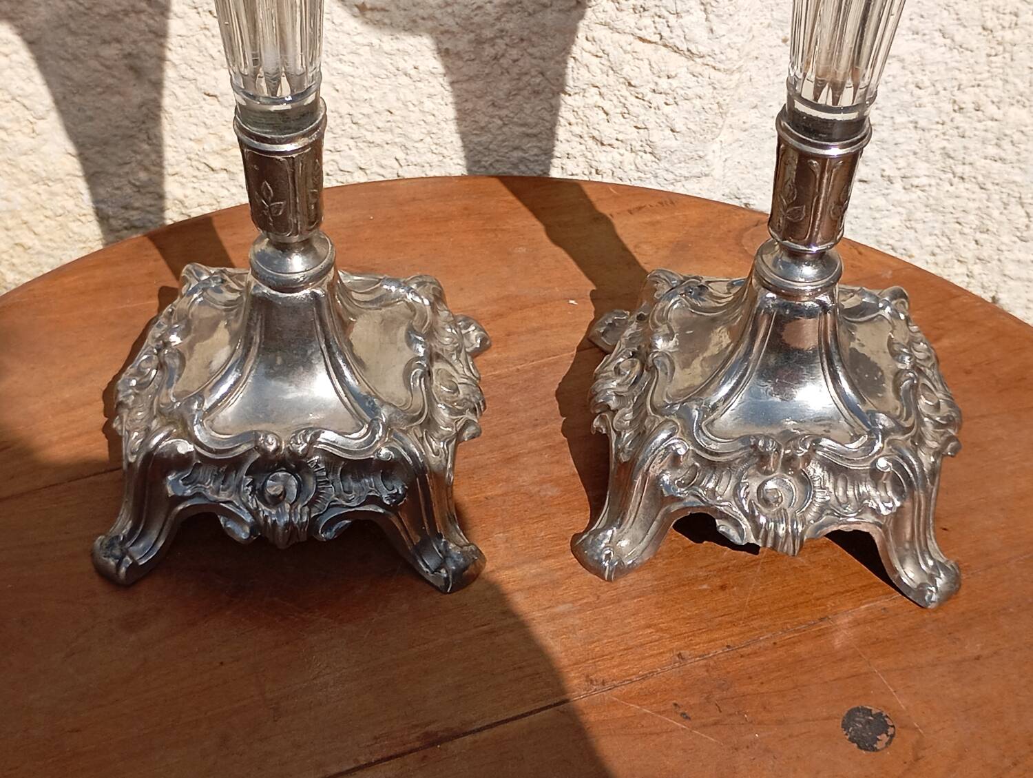 Pair of engraved tulip vases soliflor in silver metal in glass of 32