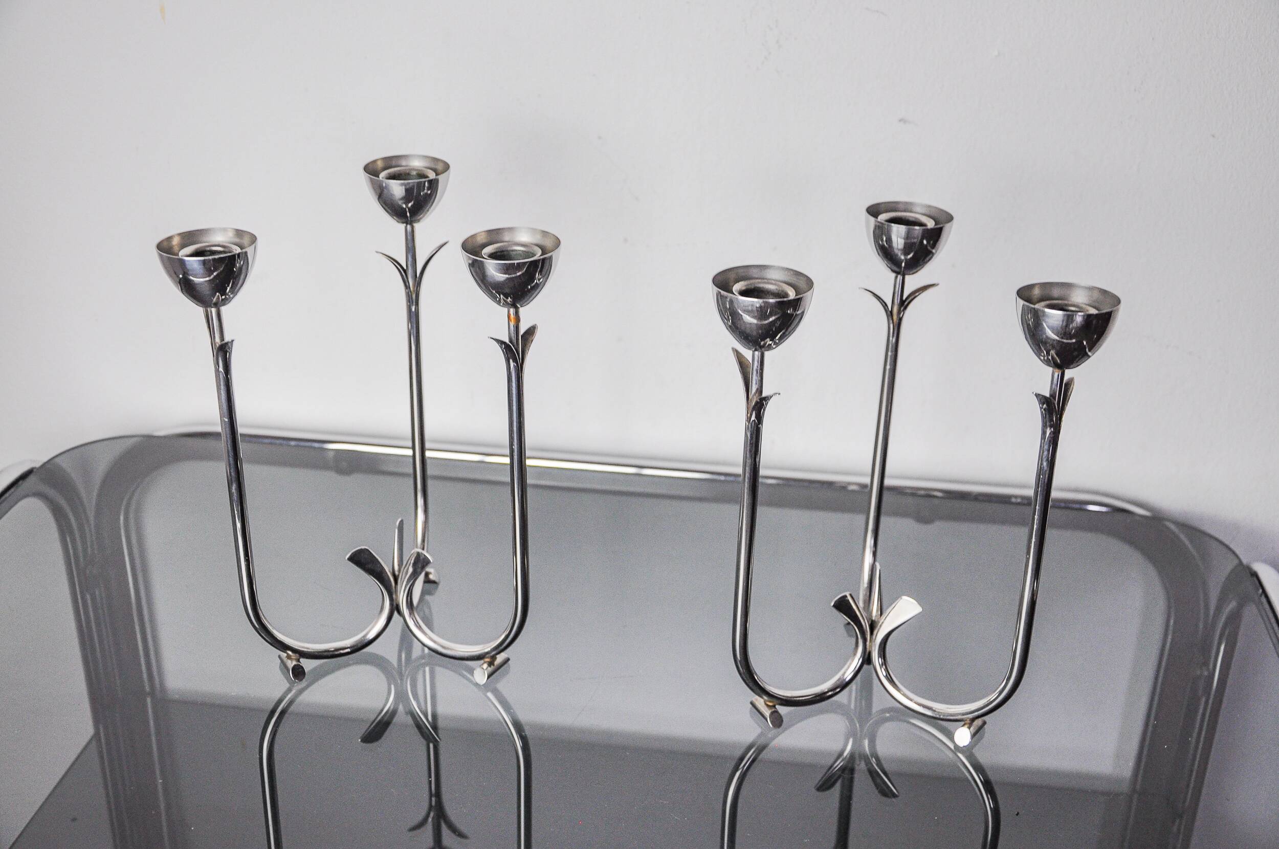Pair of art deco stainless steel 3-flame candlesticks, Spain, 1970